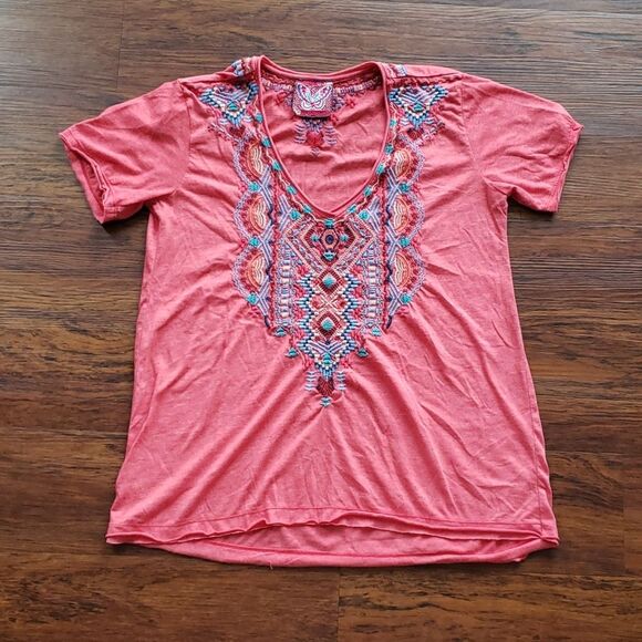 Johnny Was Tops - Johnny Was Red Embroidered Geometric Chic Feminine Boho Edgy Top Size Medium